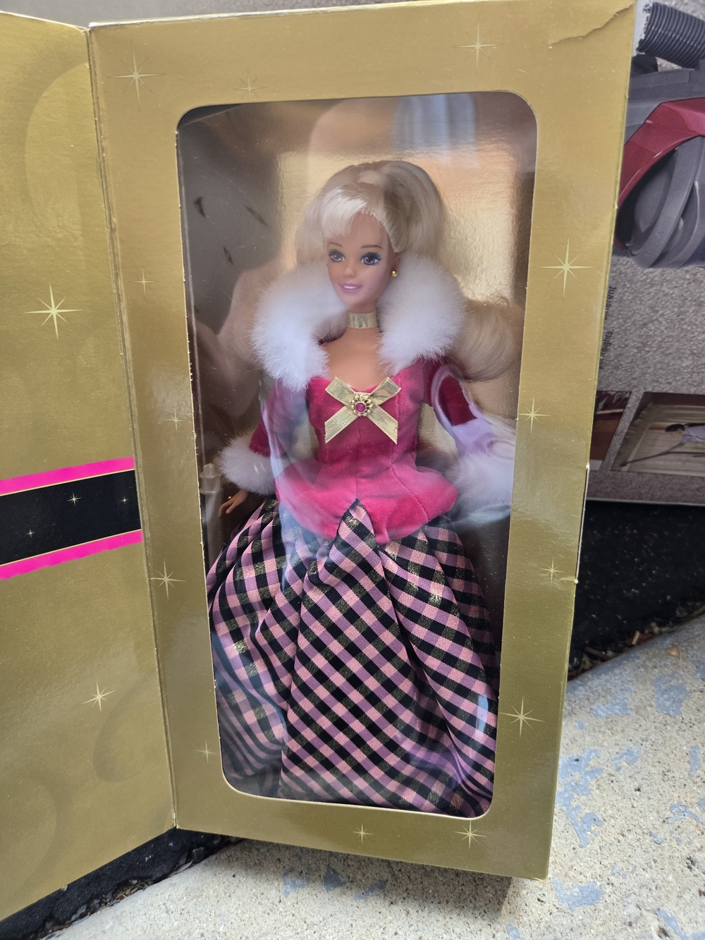 Avon Pink and Black Checked Holiday Doll with White Fur Trim